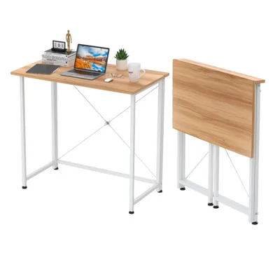 A foldable desk and a laptop are shown on a white background.