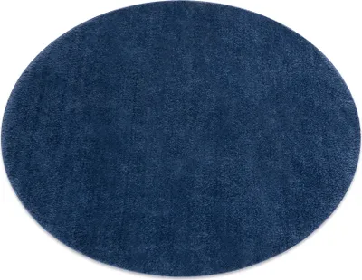 A round, dark blue rug is shown from a top-down perspective on a white background.