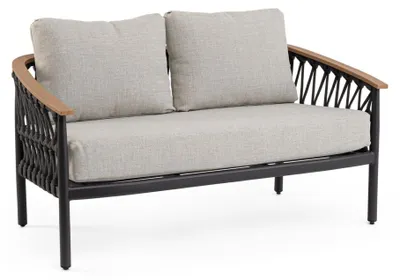 Produktbild von GAUDIX 2-Sitzer-Gartensofa mit beigen Kissen, Seilgeflecht und anthrazitfarbenem Gestell