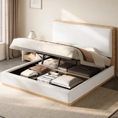 Produktbild von Flieks 140x200 Gepolstertes Plattformbett mit hydraulischem Stauraum unter dem Bett, Weiß + Naturholztöne