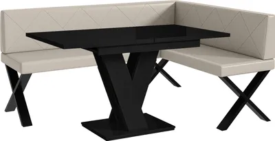 Produktbild von MEBLINI Eckbank für Esszimmer mit ausziehbarem Tisch  - Küchenbank - Essecke - Sitzecke Küche - ERIC - X-Beine 128x168x87cm Rechts - Beige Kunstleder/M Schwarz Hochgl.