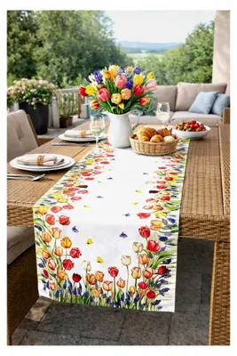 Produktbild von Tischläufer mit Tulpen und Schmetterlingen – 40x140 cm für Frühling und Sommer – Farbenfrohes Design für Küche und Esstisch – Hochwertige, waschbare Tischwäsche für ganzjährige Dekoration