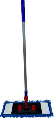 A cleaning mop with a blue handle and blue fringe, standing upright against a white background.