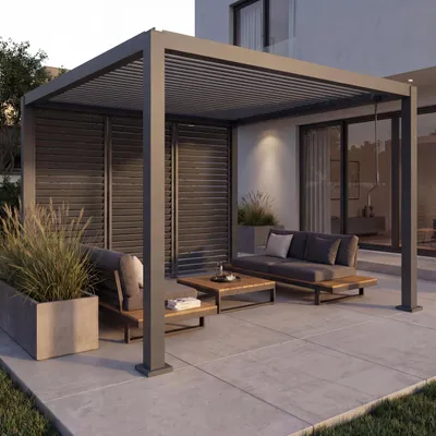 Obrázok produktu pre Pergola HWC-P65 s 3x lamelovou stenou, zastrešenie terasy Záhradný lamelový pavilón, 10 cm hliníkový rám 3x3 m ~ antracitová farba