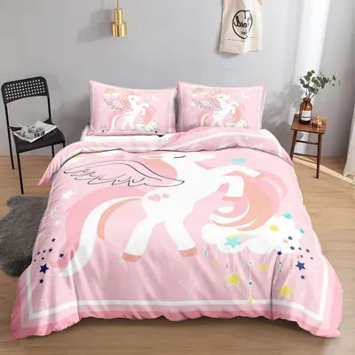 Productafbeelding van Beddengoedset Eenhoorn, roze, 200x200 cm, 2 kussenslopen 80x80 cm, microvezel, met rits