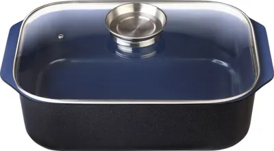 Produktbild von Gsw Aluminium Rechteckbräter, 2-teilig, kobaltblau, 40x26x11 cm, 8 L, mit Ceramica Aroma-Glasdeckel, für alle Herdarten inkl. Induktion, bis 400°C, FerroThermBoden