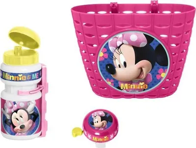 Image de Ensemble Accessoires Vélo Enfant Minnie Disney, Corbeille, Bidon 350ml, Sonnette, Rose Blanc Jaune