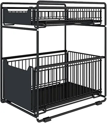 Image de Panier de rangement en métal pour l'espace sous l'évier – Organisateur pour la cuisine et la salle de bain (Noir, 1 pièce, 37,4 x 26,5 x 44 cm)