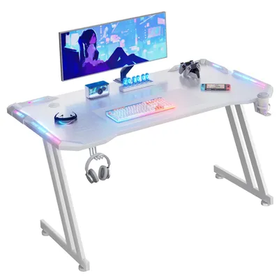 Obrázok produktu pre Herný stôl - 140x60 cm, počítačový stôl - s LED osvetlením, Z-tvarovaná kovová konštrukcia, ergonomický herný stôl, držiak na slúchadlá, obdĺžniková pracovná doska