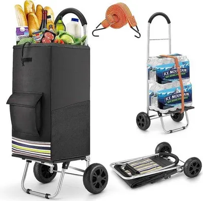 Productafbeelding van Unyqoos® inklapbare boodschappentrolley – 75 liter waterdichte boodschappentas, draagvermogen tot 50 kg, roestvrijstalen buis en kunststof frame, 2 stille wielen, afneembare tas