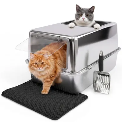 Immagine prodotto di Lettiera per gatti in acciaio inossidabile con coperchio trasparente e paletta inclusa