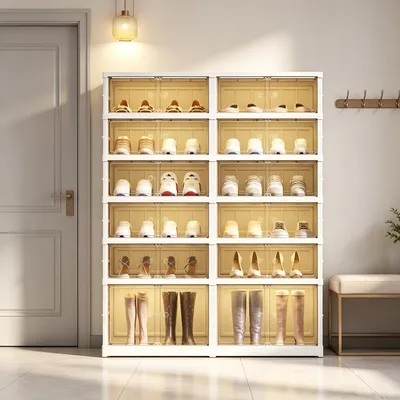 Produktbild von Faltbarer Schuhschrank PP, 6-stöckig, Magnet-Halbtransparenttür, 24 Paar, Stiefelbereich, Rollen