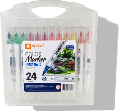 Produktbild von Sunny 24 Farben Dual Tip Marker – Wasserbasis, Pinsel- & Feinspitze  - Ideal zum Skizzieren, Zeichnung, Design, Rendering, Entwerfen