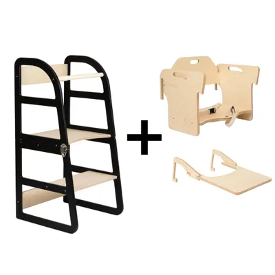 Produktbild von leg&go Verstellbarer Lernturm 2-in-1 Set - Montessori Lernturm mit Fütterungsstuhl & Tisch, Schwarz
