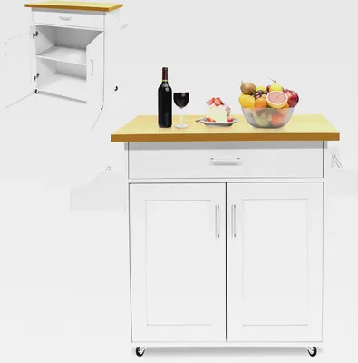 Produktbild von Küchenwagen Servierwagen mit Rollen Kücheninsel Freistehend mit Schublade Handtuchhalter und Gewürzregal Mobile Küchenschrank Multifunktionale Kücheninselwagen Rollwagen für Küche,Weiß