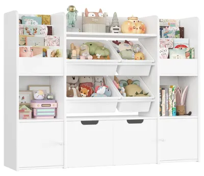 Immagine prodotto di Scaffale per giocattoli e libri per bambini - Mobile portaoggetti in legno con contenitori estraibili - 13 scomparti, 126x30x104 cm - Bianco