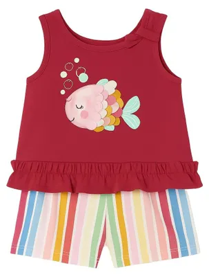 Immagine prodotto di Set estivo per bambine: top fucsia con motivo di pesci e shorts con righe arcobaleno