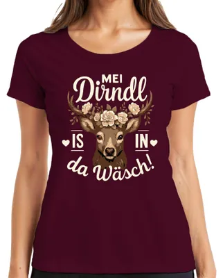 Produktbild von Mei Dirndl is in da Wäsch  Wiesn Tracht Hirsch Bayeris Damen T-Shirt, Burgundy, S