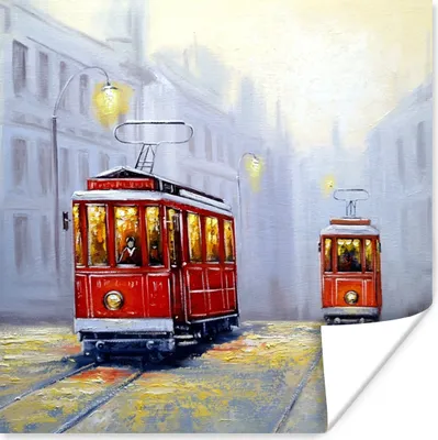 Produktbild von MuchoWow® Poster Gemälde - Straßenbahn - Stadt - Öl 100x100 cm - Babyzimmer
