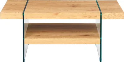 A modern coffee table with a wooden top and shelf, supported by clear glass legs.
