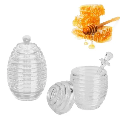 2 Honigbehälter mit Dipper, Glas, 265 ml, Bienenstock-Design