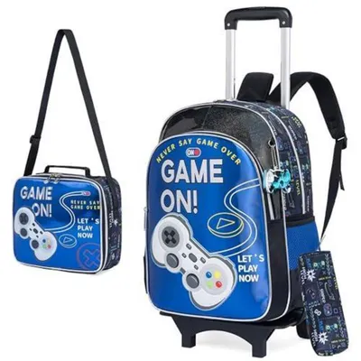 Produktbild von 3-teiliges Kinder-Trolley-Set mit Rollen, Brotzeittasche und Federmäppchen, Blau
