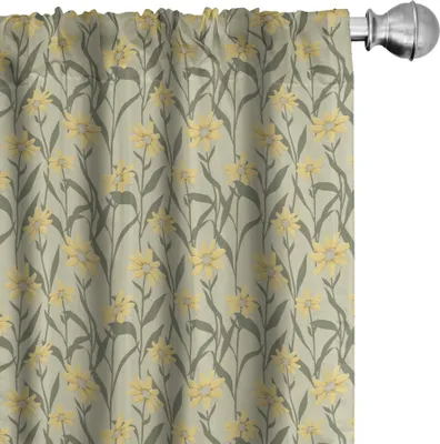 Produktbild von ABAKUHAUS Gelb und Grün Vorhänge, Gardinen, Kamille mit Retro-Design-Inspirationen botanische Anordnung, 2 Stück 75 x 175 cm, Armeegrün Gelb