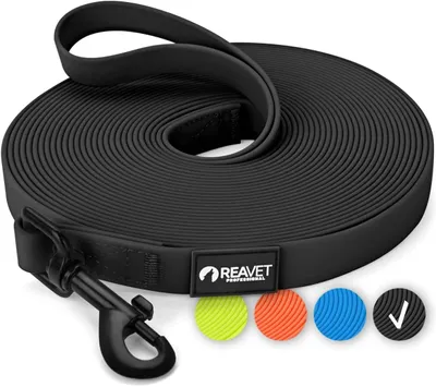 Productafbeelding van Looplijn voor honden - 10 meter - zwart - waterdicht - trainingslijn met handvat