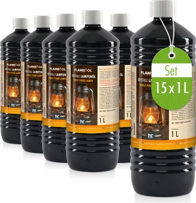 A group of black bottles of lamp oil are displayed against a white background. One bottle has a green tag attached.