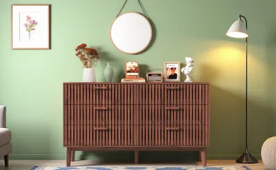 Obrázok produktu pre Komoda ProximaX so 6 zásuvkami – komoda v štýle Mid-Century Modern s drážkovaným vzorom, v dizajne z orechového dreva, priestranná skriňa do spálne a obývacej izby