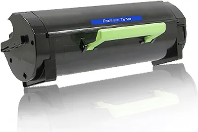A black toner cartridge with a green handle and a blue label is shown against a white background with a reflection.