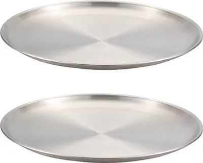 Two round metal plates are shown against a white background.