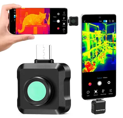 Productafbeelding van Thermische camera voor Android, met een resolutie van 320 x 240 pixels en superresolutie (TISR), een verversingssnelheid van 25 Hz. Infraroodthermische beeldsensor voor smartphones en tablets, met een resolutie van 160 x 120 pixels, een temperatuurbereik van -20°C tot 550°C en 15 kleurenpaletten