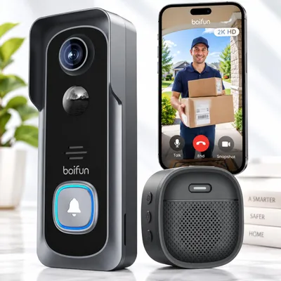 Productafbeelding van Boifun 2K videodeurbel met camera, batterij, draadloze deurbel, IP66 waterdicht, met gong voor huisgebruik