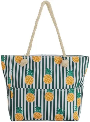 Zdjęcie produktu dla Torba plażowa z nadrukiem ananasa – Torba na ramię z zamkiem błyskawicznym – Torba damska – Torba na zakupy – Torba na ramię – X cm – Torba plażowa – 51 x 39 x 13 cm – Biała, zielona, żółta