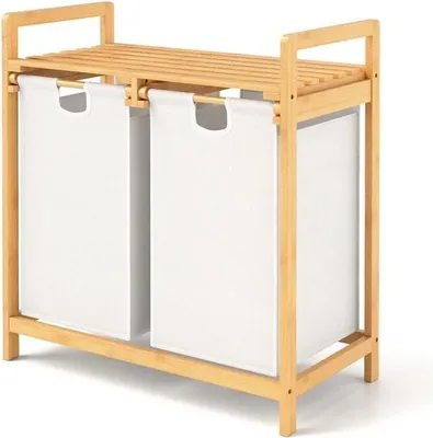 Immagine prodotto di Cestino per la biancheria - Separatore a 2 scomparti - 2 sacchi estraibili - Struttura in bambù con ripiano - Per bagno, soggiorno e camera da letto - Bianco