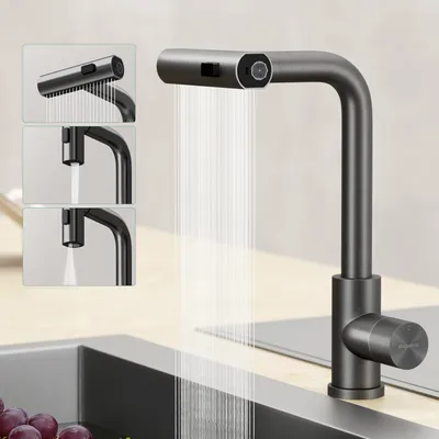 Produktbild von Mai & Mai Wasserhahn Küche Küchenarmatur mit Brause Ausziehbar, Küchenwasserhahn 360°Schwenkbar 3 Sprühfunktionen, Mischbatterie Grau Turnix-02