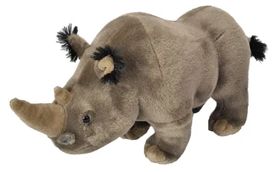 A plush toy rhinoceros is shown against a white background.