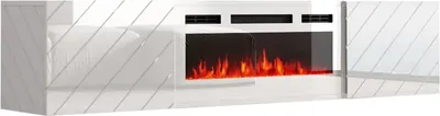 A white TV lowboard with an integrated electric fireplace.