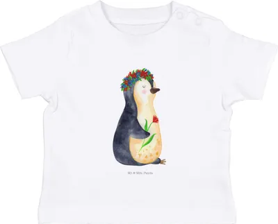 Produktbild von Mr. & Mrs. Panda Babyshirt Pinguin Blumen 12. - 18. Monat - Weiß - Geschenk, Öko Baby T-Shirt, Kinder Oberteil, Wunderschön, Geschenkidee, Shirt, , Universum, Pinguine