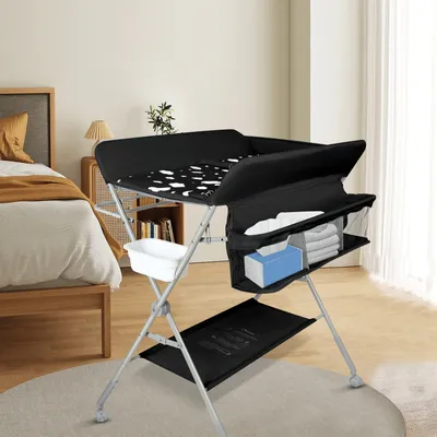 Produktbild von Mobiler Wickeltisch mit Rollen,Klappbare Wickelkombi Wickelkommode mit Ablagefächern 80x58x90cm Schwarz