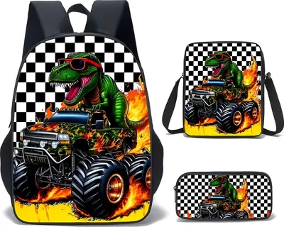 Immagine prodotto di Set scuola 3 pezzi scacchiera - Zaino, astuccio, borsa a tracolla - Dinosauro verde