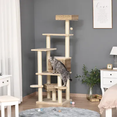 Produktbild von Kratzbaum 174 cm PE-Rattan Höhle, Katzenturm mehrstöckig, Kletterbaum Beige-Braun | 55 x 55 x 174 cm | 23,8 kg | MDF E1 + Sisal + Plüsch 220 gsm