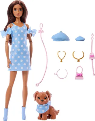 Produktbild von Barbie Twinning Looks Modepuppe mit Hündchen, zusammenpassende blaue Outfits und Accessoires, brünett, Modepuppe, Weiblich, 3 Jahr(e), Mädchen, 295 mm, 300 g