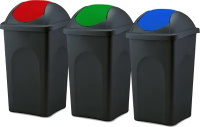 Produktbild von 3x Mülleimer 60 Liter Abfalleimer Schwingdeckeleimer Grün - Rot - Blau   Schwarz : Grün, Rot, Blau / Schwarz : 60 L