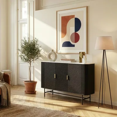 Produktbild von Sideboard 'Olvehok' 110 x 40 x 77 cm mit 3 Türen und 4 Fächern Metallgestell Schwarz/Marmoroptik, weiß