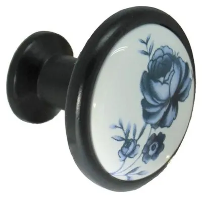 Obrázek produktu pro Bílá porcelánová úchytka na nábytek, s černou matnou základnou o průměru 32 mm