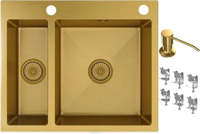 Zdjęcie produktu dla Granitan | Zlewozmywak stalowy – zlewozmywak dwukomorowy – 51 x 61 cm – prostokątny – złoty – z syfonem – z zestawem akcesoriów – Bari