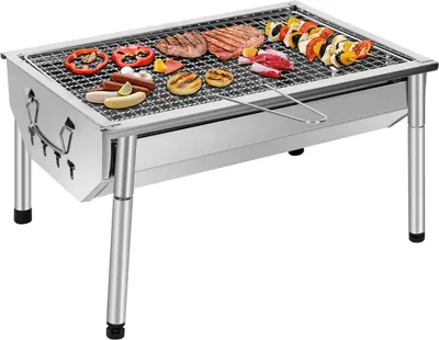 Image de Barbecue au charbon de bois, dimensions 40 x 28 x 21,5 cm, en acier inoxydable, avec grilles amovibles, idéal pour le camping