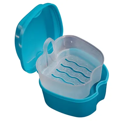 A blue and clear plastic denture bath with its lid open, shown against a white background.